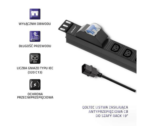 Qoltec RACK 19" 1U 10A PDU - 8 gniazd,  2m - 432111 - zdjęcie 5